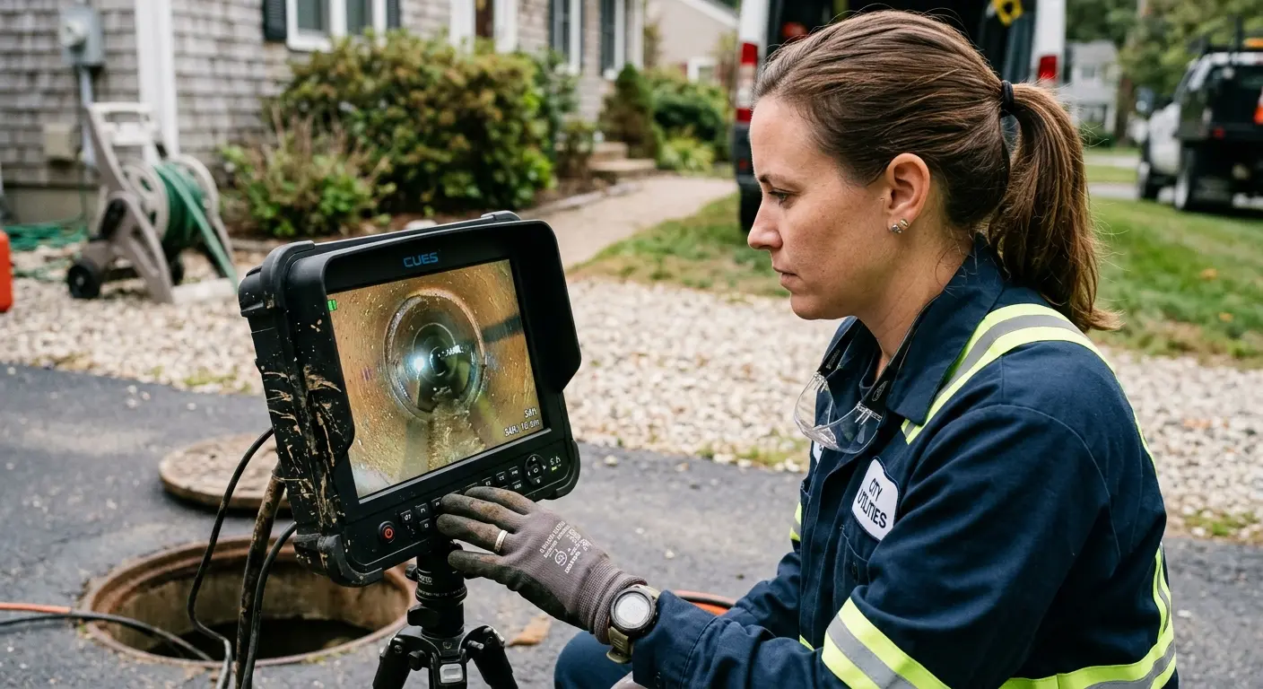 Technician reviewing sewer camera inspection footage in Plaistow