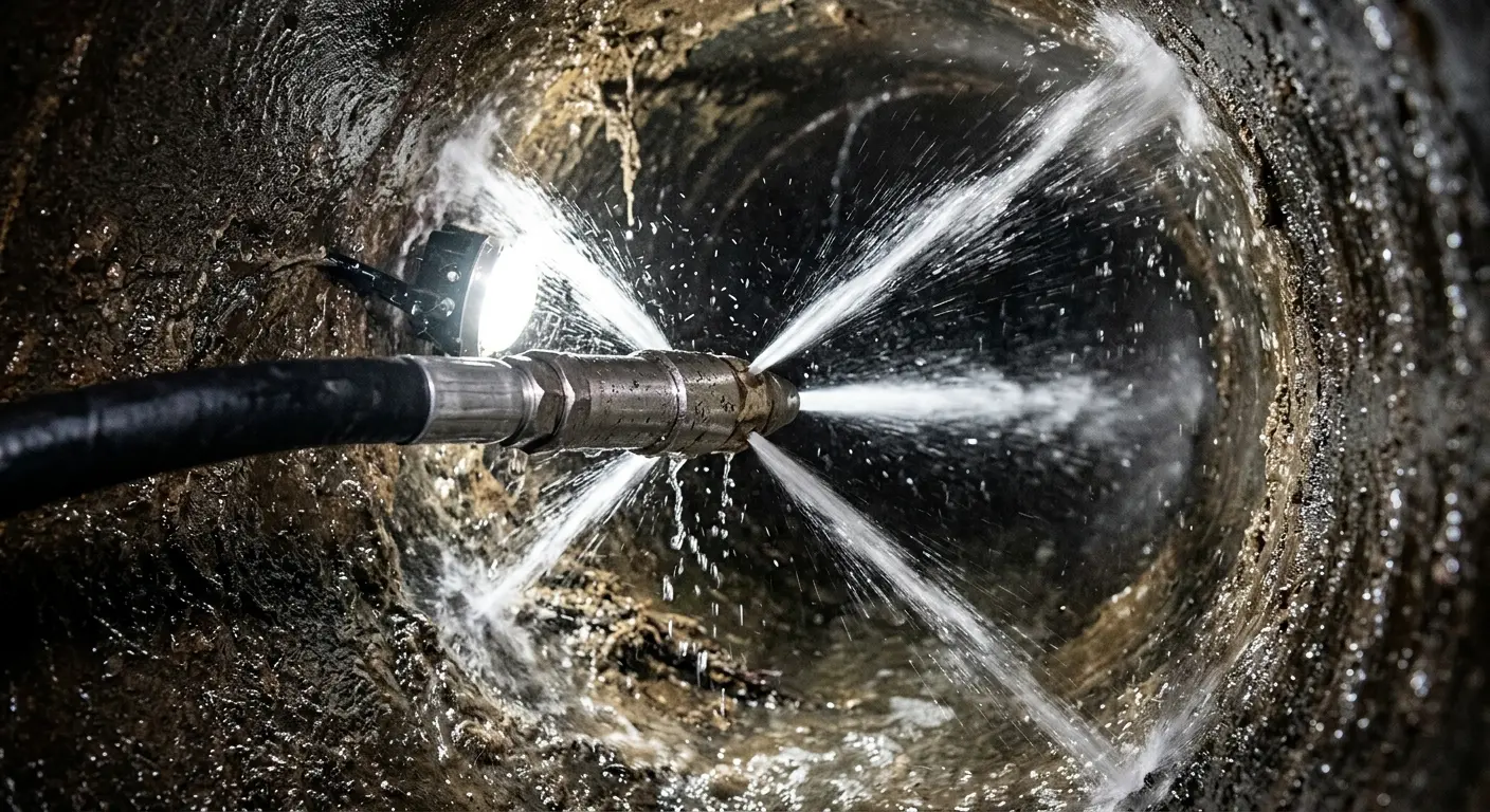High-pressure hydro jetting nozzle cleaning sewer pipe for Trenchless Sewer Repair in Plaistow