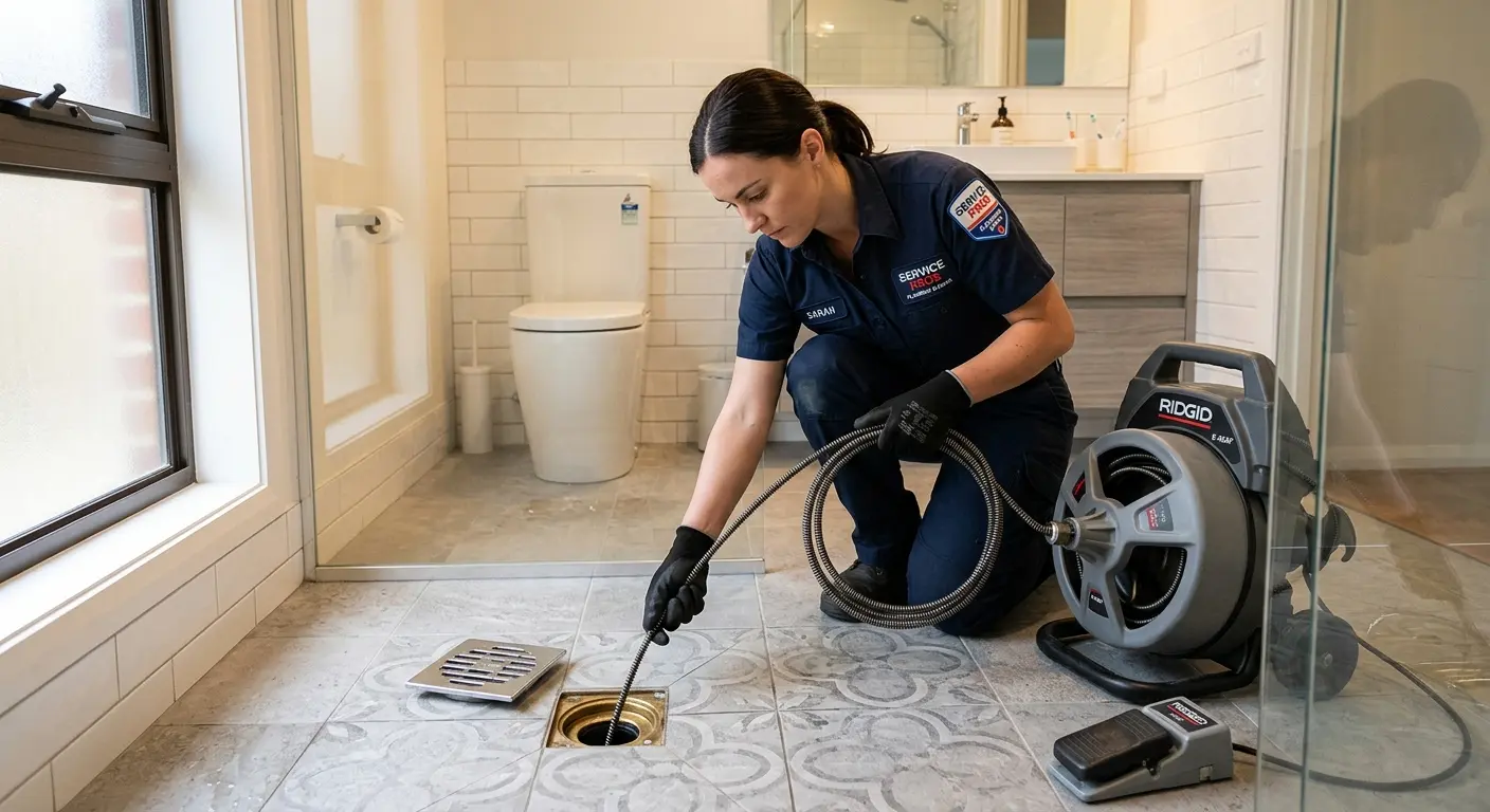 Technician clearing a bathroom floor drain for Drain Cleaning in Plaistow